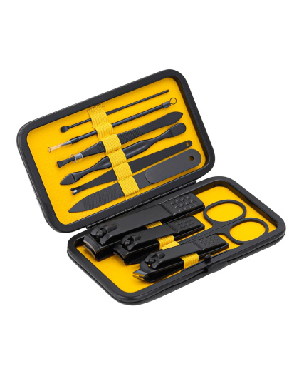 Manicure Set Nail Clippers Kit Professional Stainless Steel Nail Care Tools with Leather Travel Case 10 in 1 Black/Yellow