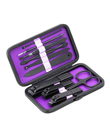 Manicure Set Nail Clippers Kit Professional Stainless Steel Nail Care Tools with Leather Travel Case 10 in 1 Black/Purple