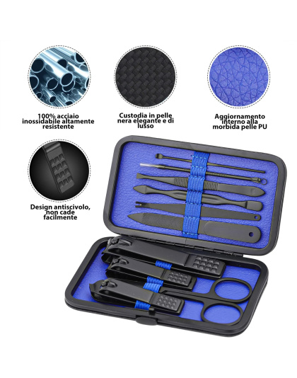 Manicure Set Nail Clippers Kit Professional Stainless Steel Nail Care Tools with Leather Travel Case 10 in 1 Black/Blue