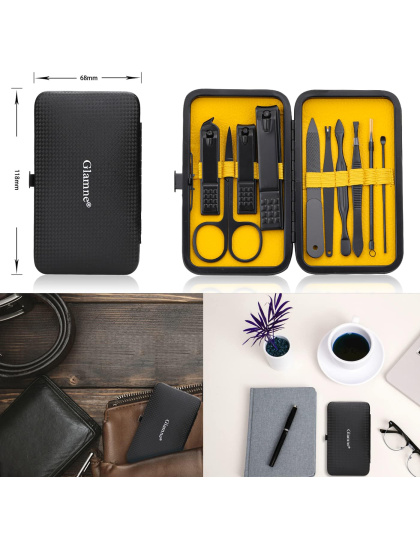 Manicure Set Nail Clippers Kit Professional Stainless Steel Nail Care Tools with Leather Travel Case 10 in 1 Black/Yellow