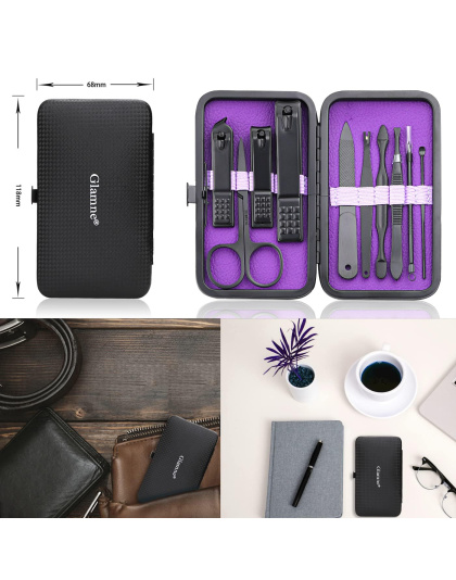 Manicure Set Nail Clippers Kit Professional Stainless Steel Nail Care Tools with Leather Travel Case 10 in 1 Black/Purple