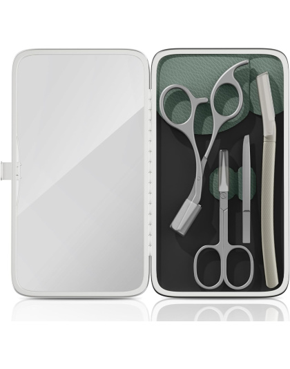 Eyebrow Trimmer Kit Scissors Tweezers Razor Facial Shaver Grooming Set with Mirror Travel Cases