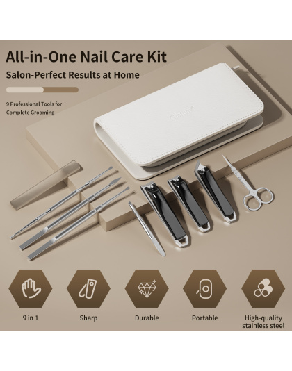 Nail Clippers Set Tweezers Scissors Manicure Grooming kit 9 in 1 with Zip Leather Case