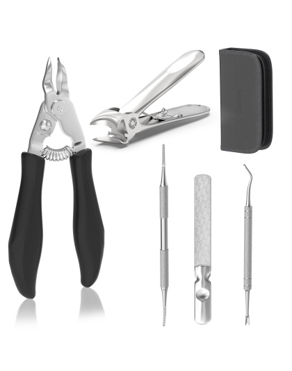 5-in-1 Toenail Clippers for Seniors with Thick &amp; Ingrown Nails – Professional Pedicure Kit with Long Handle Nail Cutter, Slanted Curved Blade, Nail File &amp; Lifter – Gift Set with Leather Case
